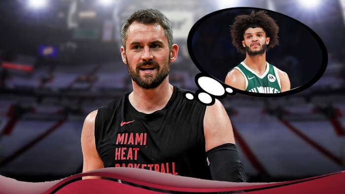 Heat forward Kevin Love smiling, with a thought bubble of Andre Jackson.
