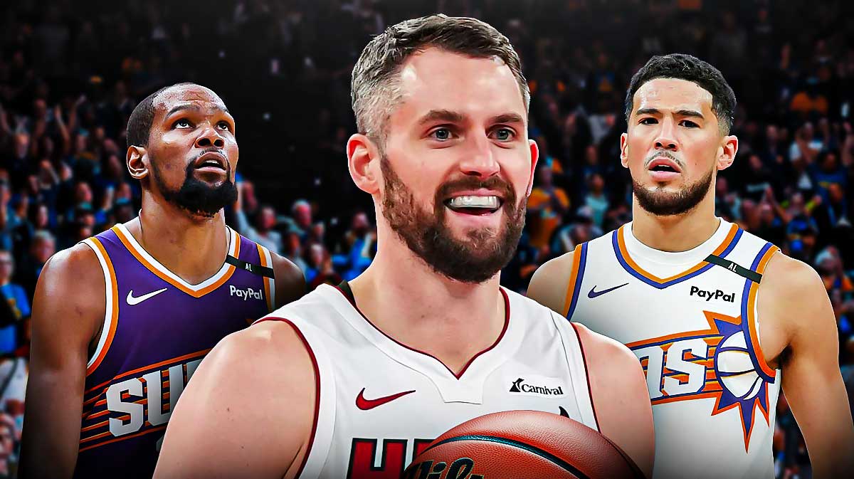 Kevin Love laughing in between Kevin Durant and Devin Booker. Hooters logo in the background.