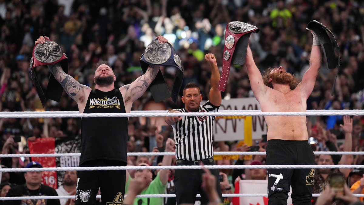 Kevin Owens and Sami Zayn after winning the Tag Team Championship at WrestleMania 39.