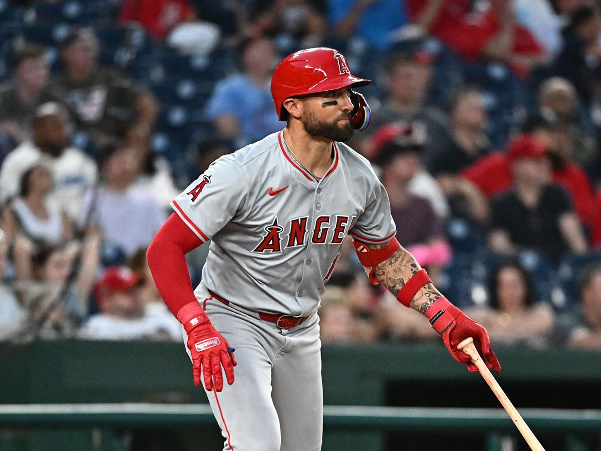 Los Angeles Angels center fielder Kevin Pillar (12) hits an rbi double during the fifth inning against the Washington Nationals at Nationals Park. 