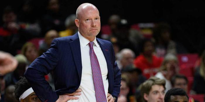 Feb 20, 2025; College Park, Maryland, USA; Maryland Terrapins head coach Kevin Willard looks on during the second half against the USC Trojans at Xfinity Center. Mandatory Credit: Reggie Hildred-Imagn Images