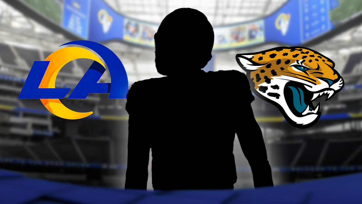 A silhouette in the center, with the Los Angeles Rams and Jacksonville Jaguars logos in the background.
