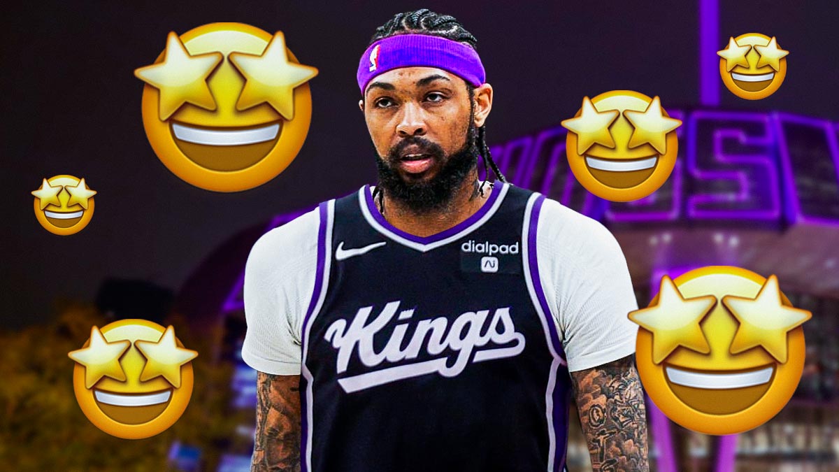 Brandon Ingram in the middle in a Sacramento Kings uniform, Sacramento Kings wallpaper in the background, 🤩 emoji all around