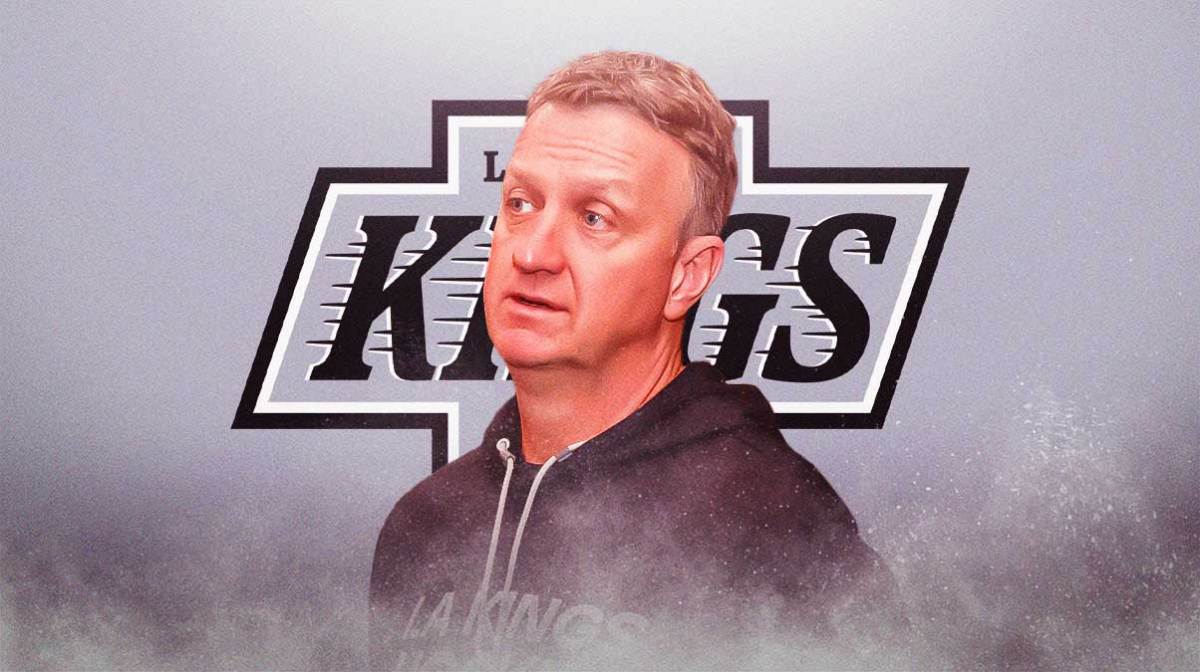 Kings GM Rob Blake inside Crypto.com Arena surrounded by question marks
