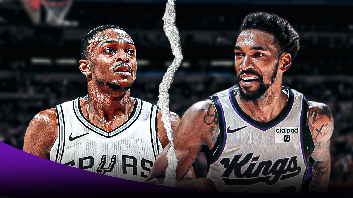 Spurs' De'Aaron Fox and Kings' Malik Monk looking serious, with a paper tear between them