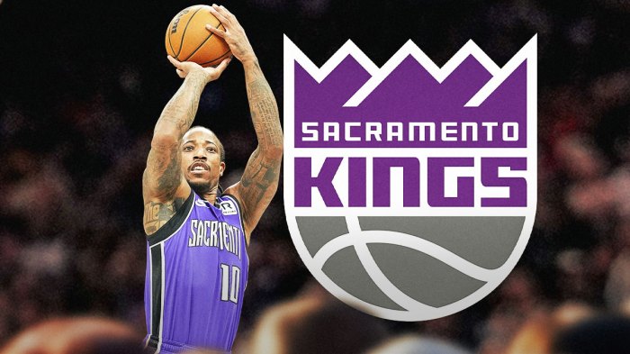 DeMar DeRozan shooting the ball. Kings logo in the background.