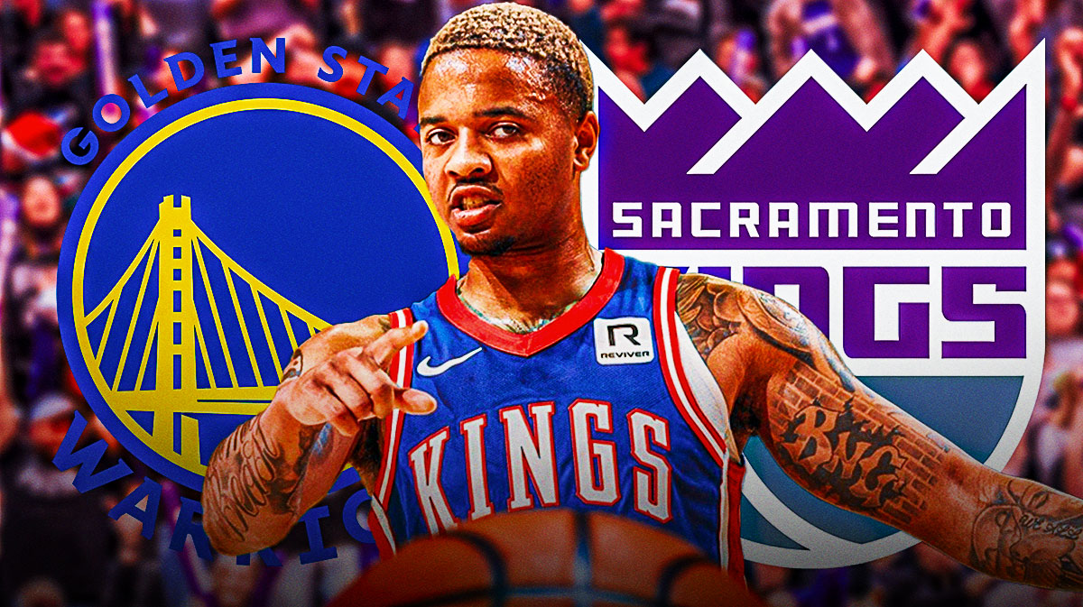Kings guard Markelle Fultz next to screaming Kings fans with the Kings and Warriors logos in the background