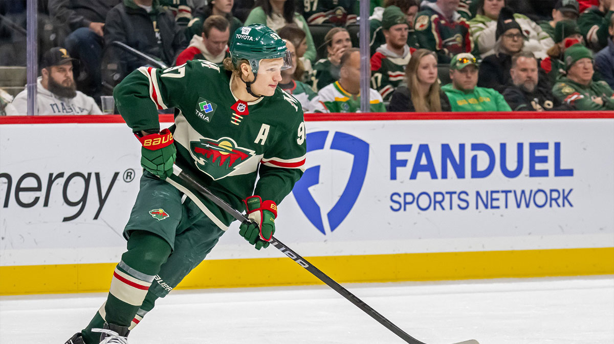 Minnesota Wild forward Kirill Kaprizov (97) turns up ice against the Utah Hockey Club during the third period at Xcel Energy Center.