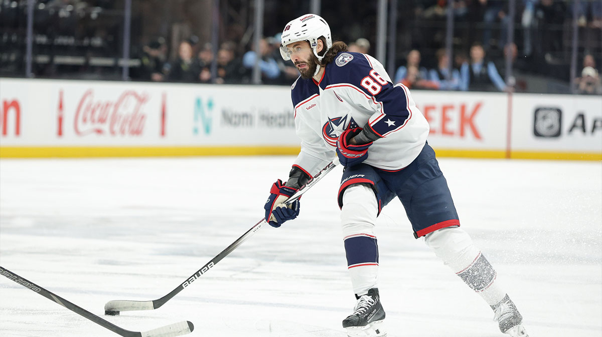 Columbus Blue Jackets right wing Kirill Marchenko (86) controls the puck during the first period against the Utah Hockey Club at Delta Center