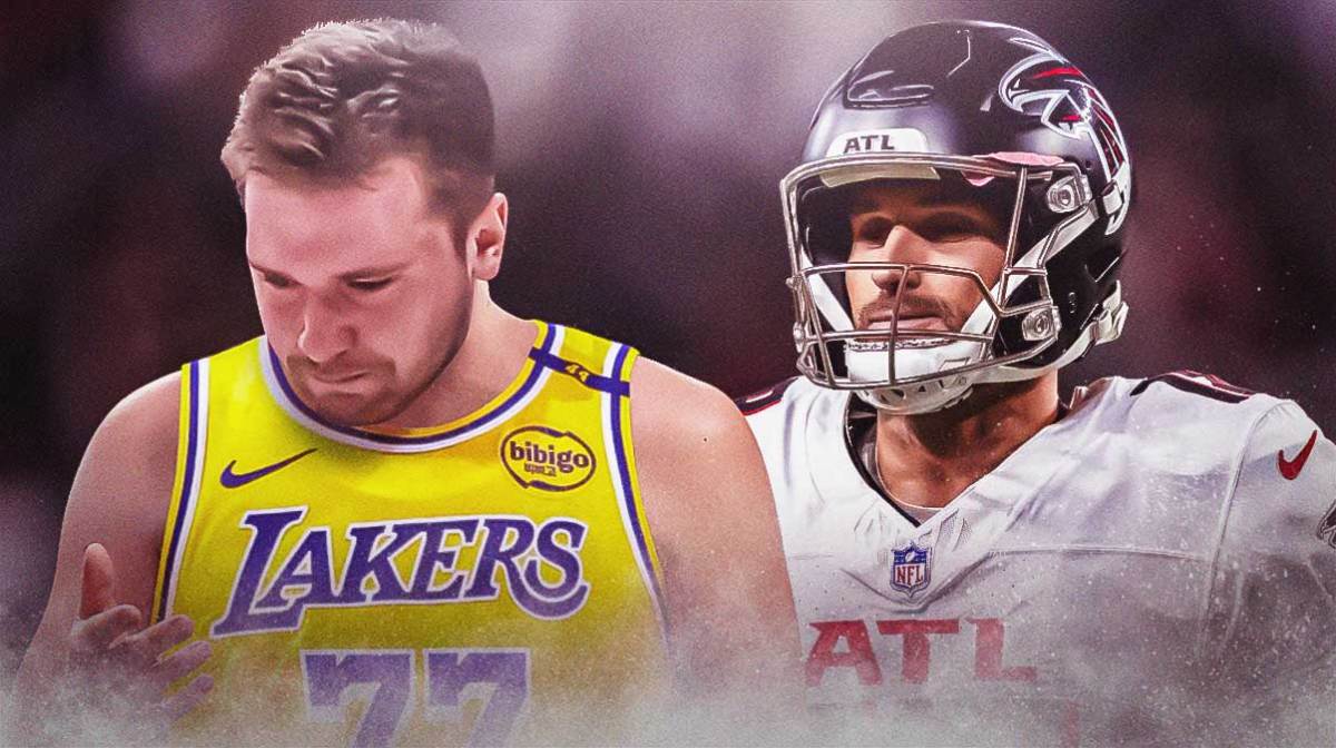 Atlanta Falcons star Kirk Cousins and Luka Doncic in front of Mercedes-Benz Stadium.