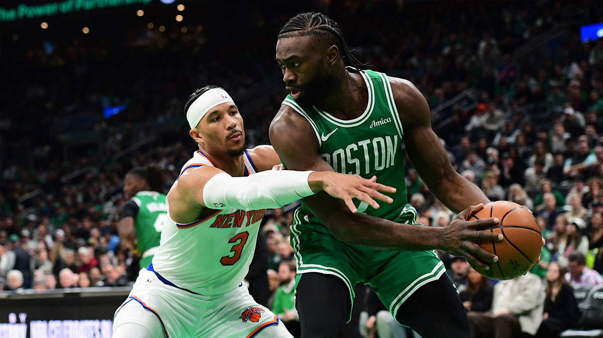 New York Knicks Guard Josh Hart (3) Defend Boston Celtics Guard Jailen Brown (7) during the first half in the TD garden.