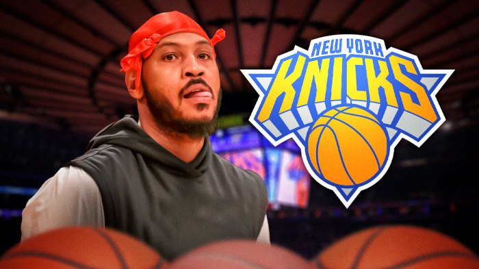 Carmelo Anthony next to a Knicks logo