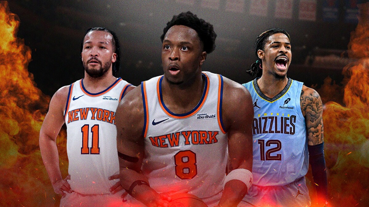 Knicks' OG Anunoby in the middle with Jalen Brunson on one side and Grizzlies' Ja Morant on the other, flames around them