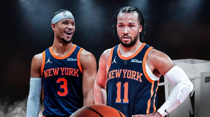 Knicks' Josh Hart laughing at Jalen Brunson with a turnstile beside Brunson