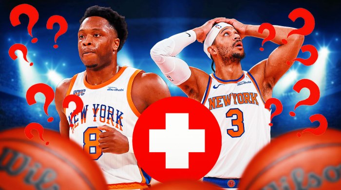 Image of Knicks OG Anunoby and Knicks Josh Hart with a medical cross emoji next to them and question mark emojis.
