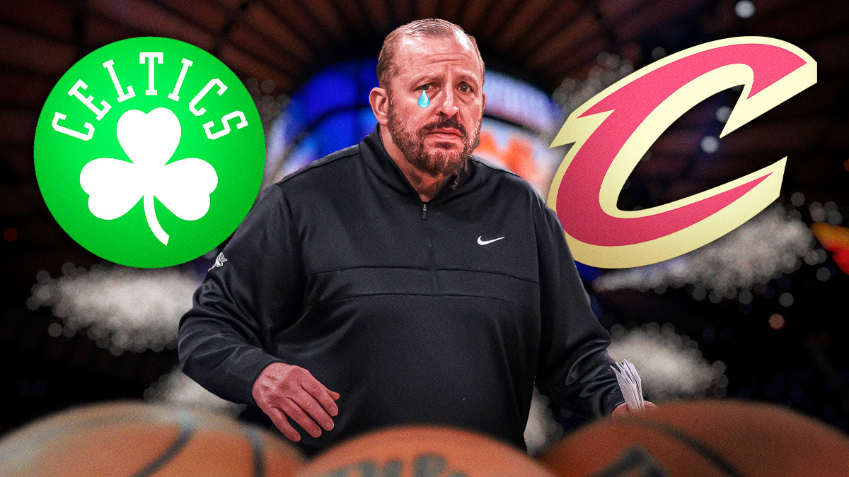 Knicks head coach Tom Thibodeau with a tear going down his face, and the Boston Celtics and Cleveland Cavaliers logos next to him. Knicks 2024-25