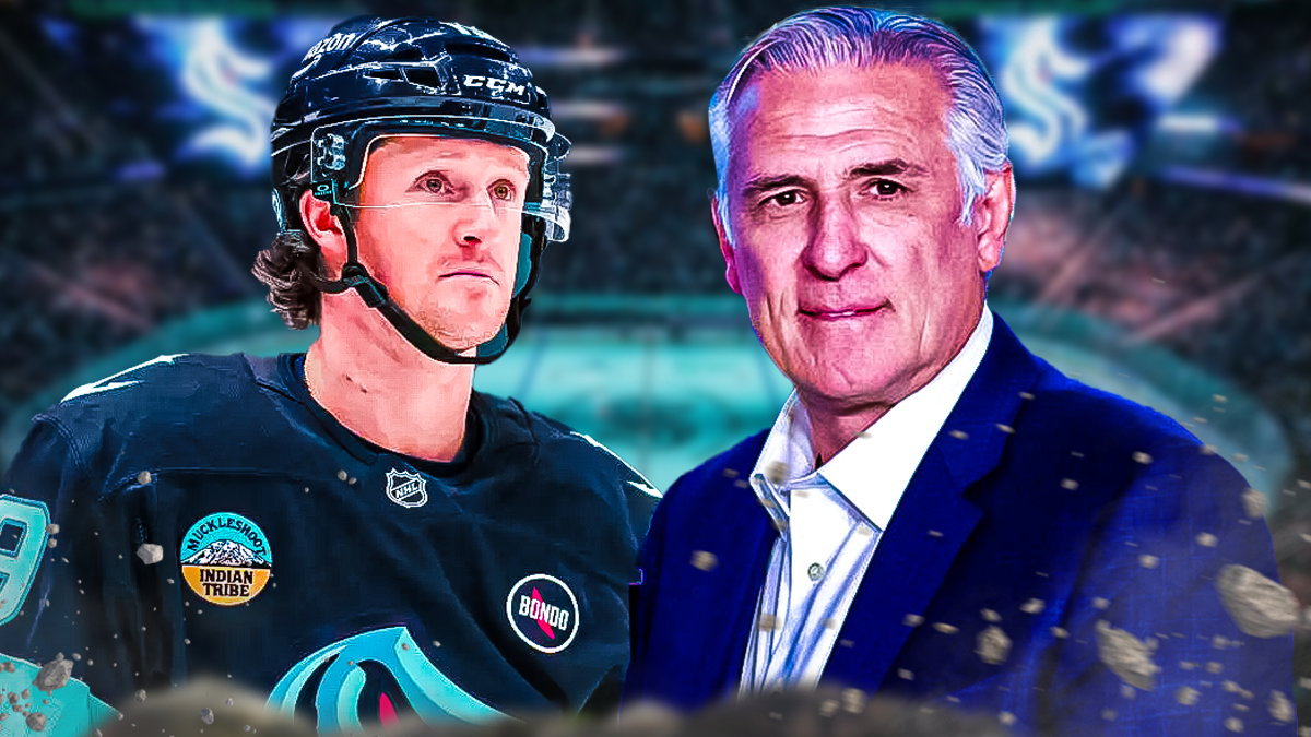 Kraken forward Jared McCann on the left, GM Ron Francis on the right, inside Climate Pledge Arena