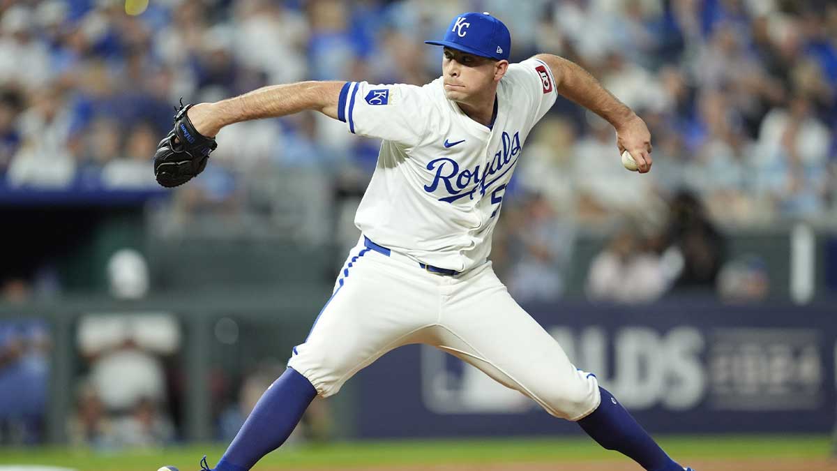 Kansas City Royals pitcher Kris Bubic (50) pitches in the eighth inning against the New York Yankees during game three of the NLDS for the 2024 MLB Playoffs at Kauffman Stadium.