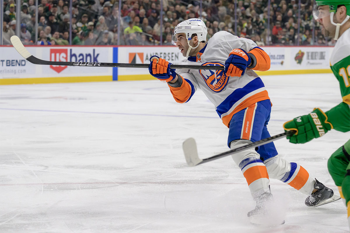 New York Islanders forward Kyle Palmieri (21) scores a goal against the Minnesota Wild during the first period at Xcel Energy Center.