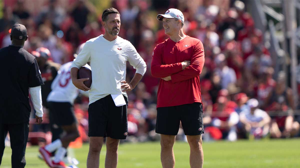 San Francisco 49ers head coach Kyle Shanahan (left) and general manager John Lynch watches the players during Training Camp at the SAP Performance Facility near Levi Stadium.