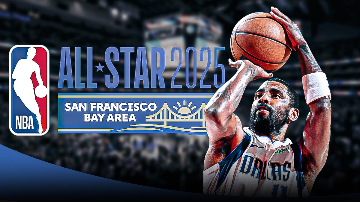 Mavericks Kyrie Irving in front shooting a basketball. Place the 2025 NBA All-Star Game logo in background.