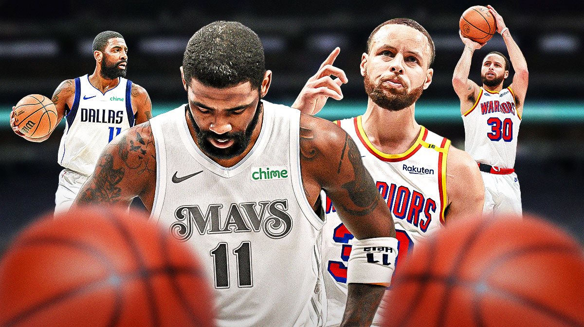 In front, Mavericks Kyrie Irving and Warriors Stephen Curry looking serious. In background, Mavericks Kyrie Irving dribbling a basketball, Warriors Stephen Curry shooting a basketball.