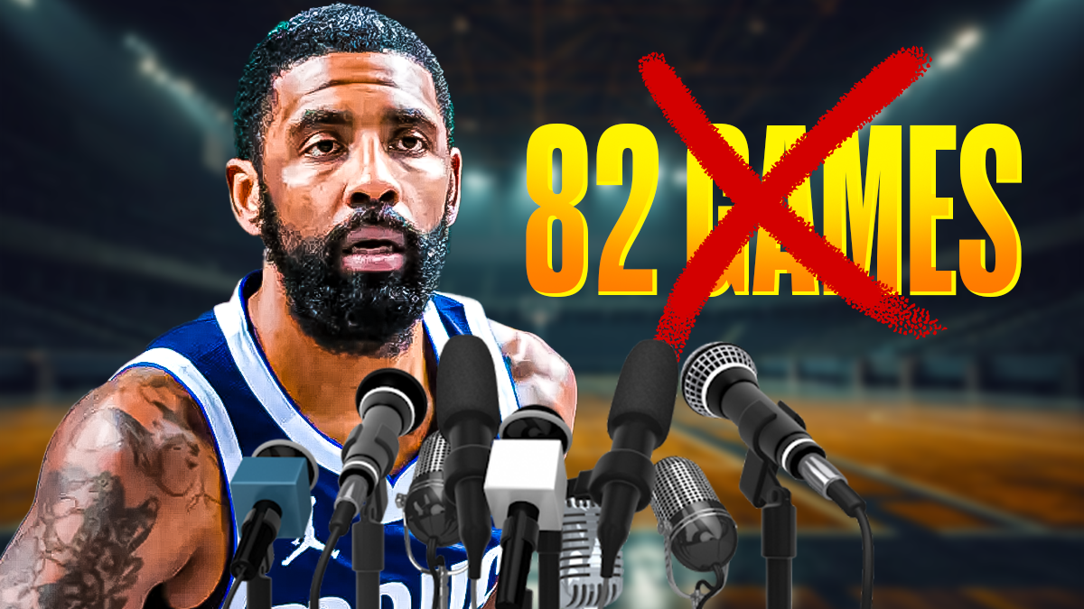 Mavericks guard Kyrie Irving with a microphone in front of him, and text that says "82 games?" next to him. In that text, there's a big, red X mark going through it.