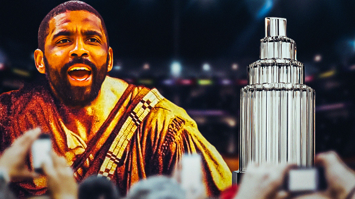 Kyrie Irving's face over the photo of the movie "The Last of the Mohicans" and the 2025 All-Star Game trophy next to him