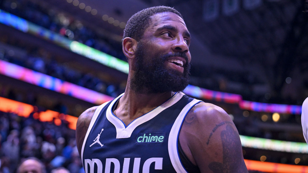 Dallas Mavericks guard Kyrie Irving (11) after the game between the Dallas Mavericks and the Golden State Warriors at the American Airlines Center.