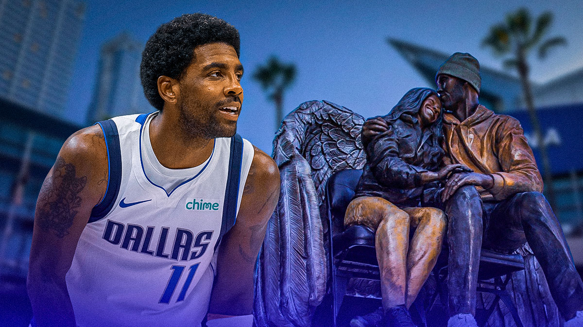 Mavericks Kyrie Irving smiling on left, Kobe and Gianna Bryant statue at Crypto.com Arena on right.