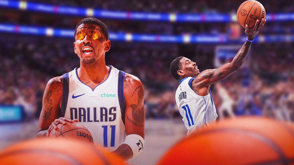 Mavericks Kyrie Irving with fire in his eyes in front. In background, Mavericks Kyrie Irving shooting a layup.