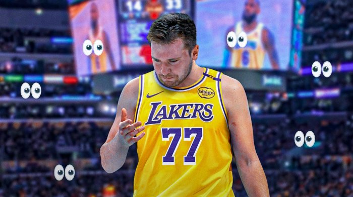 Luka Doncic in a Lakers uniform. Eyeball emojis all around.
