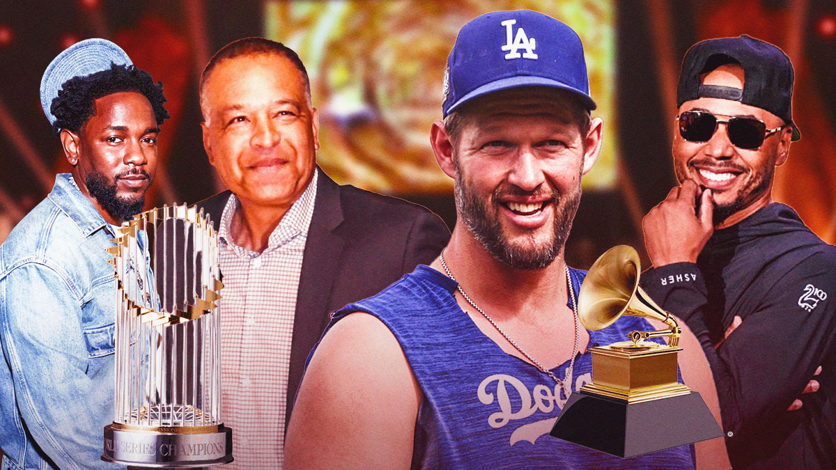 Kendrick Lamar standing next to Dave Roberts, Clayton Kershaw, and Mookie Betts with a grammy and the World Series trophy