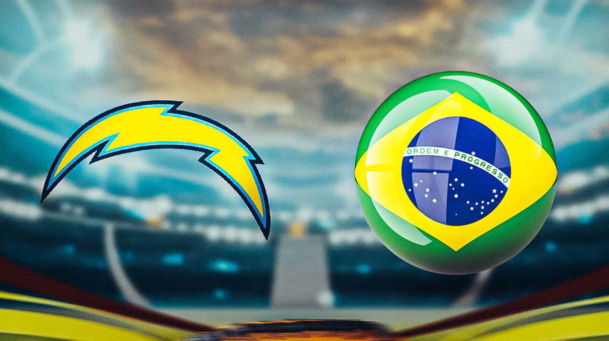 A logo for the Los Angeles Chargers next to a flag of Brazil.