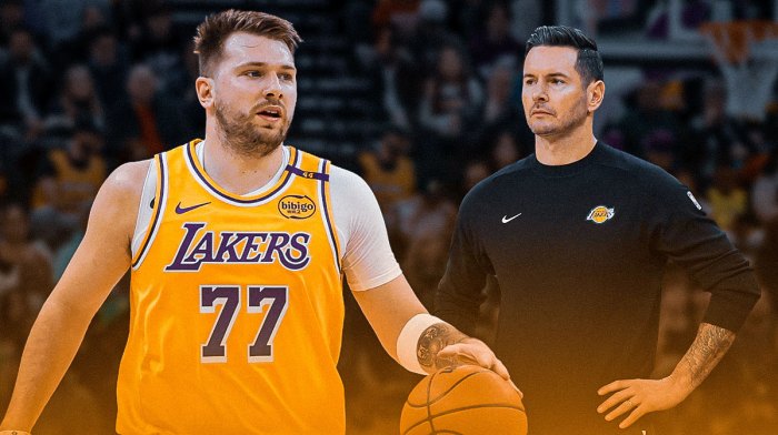 Lakers' Luka Doncic, HC JJ Redick, Crypto.com Arena behind them