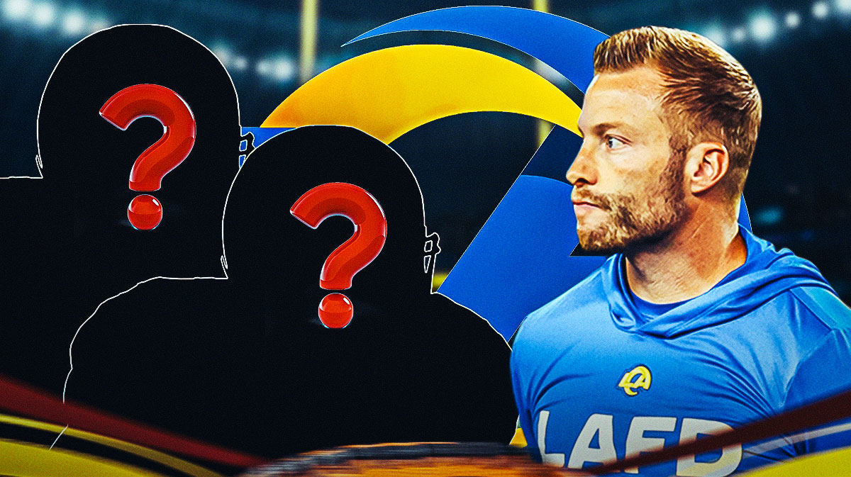 Los Angeles Rams head coach Sean McVay with a silhouette of an American football player with a big question mark emoji inside. There is also a logo for the Los Angeles Rams.