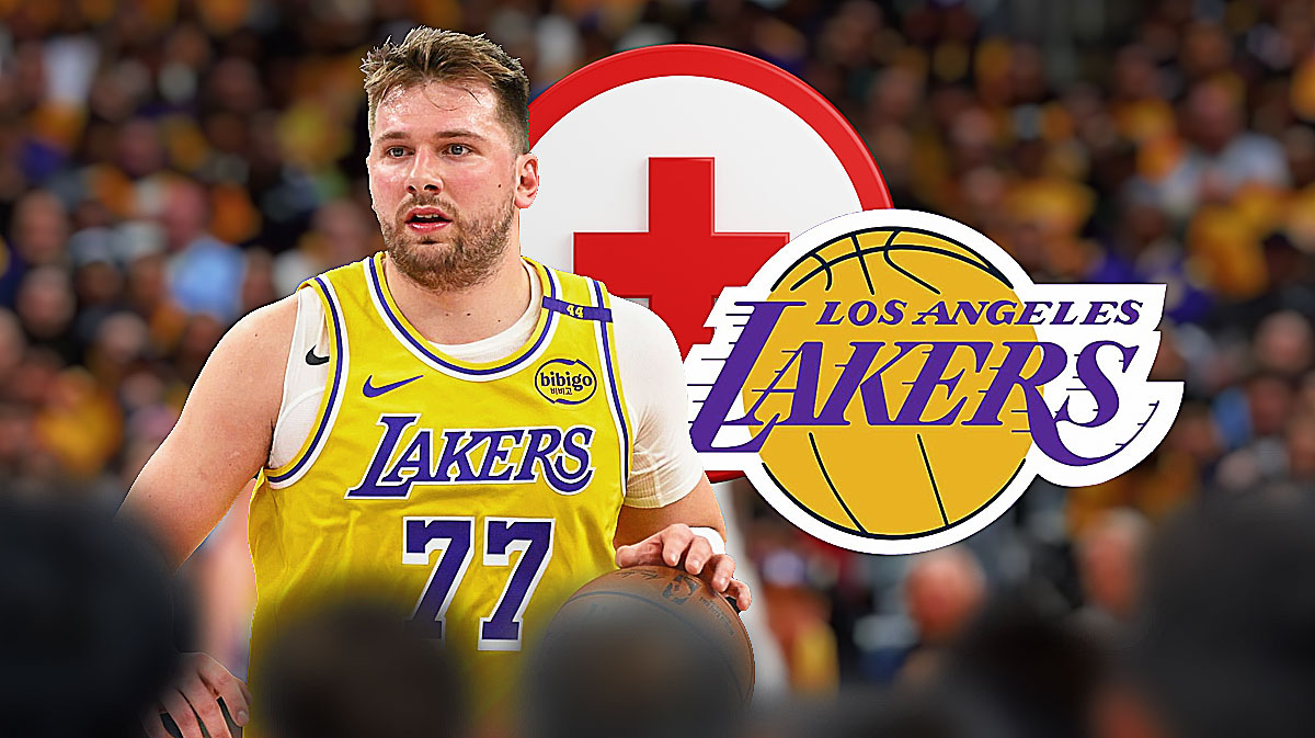 Lakers superstar Luka Doncic next to the Lakers logo with the health symbol in the background
