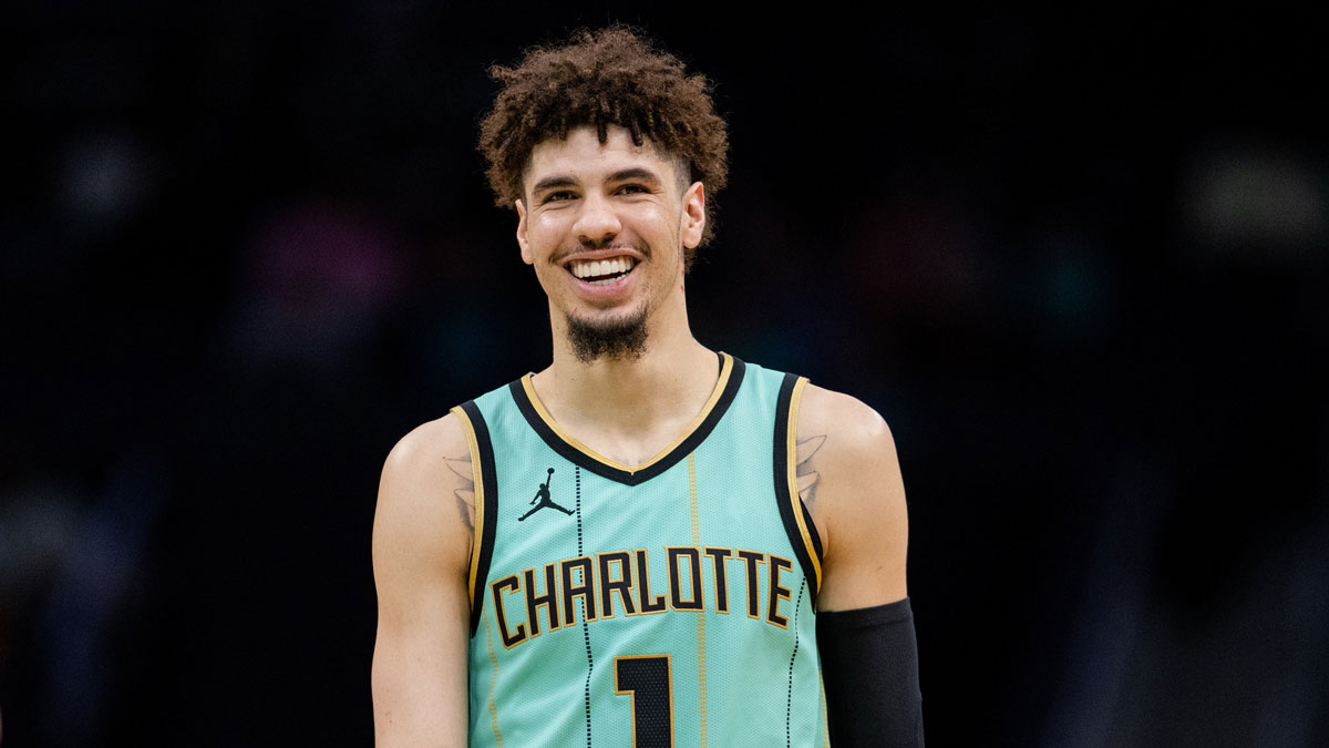 Charlotte Hornets guard LaMelo Ball (1) reacts during the second quarter against the New Orleans Pelicans at Spectrum Center.