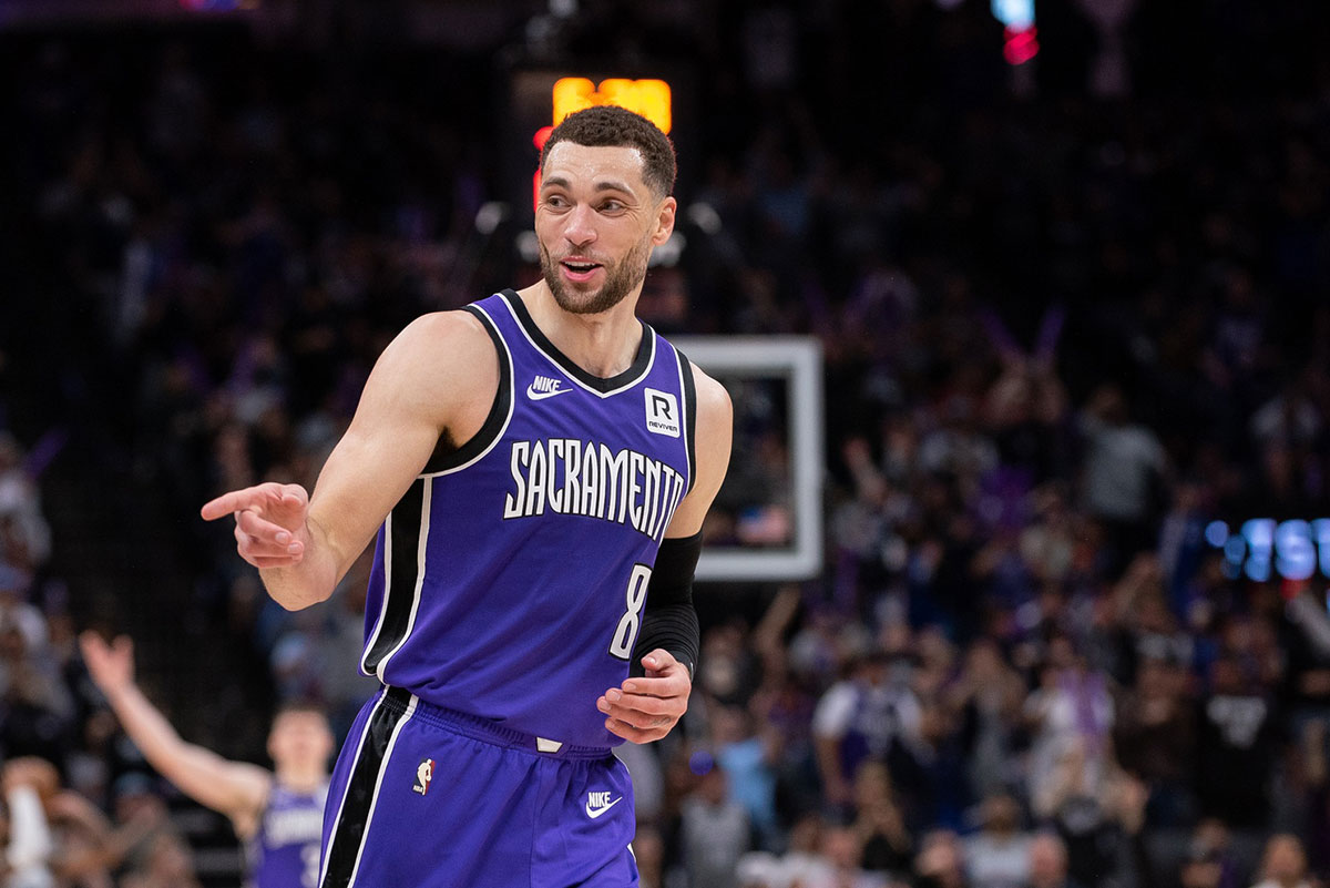 Sacramento Kings guard Zach LaVine (8) reacts after scoring against the Charlotte Hornets during the fourth quarter at Golden 1 Center.