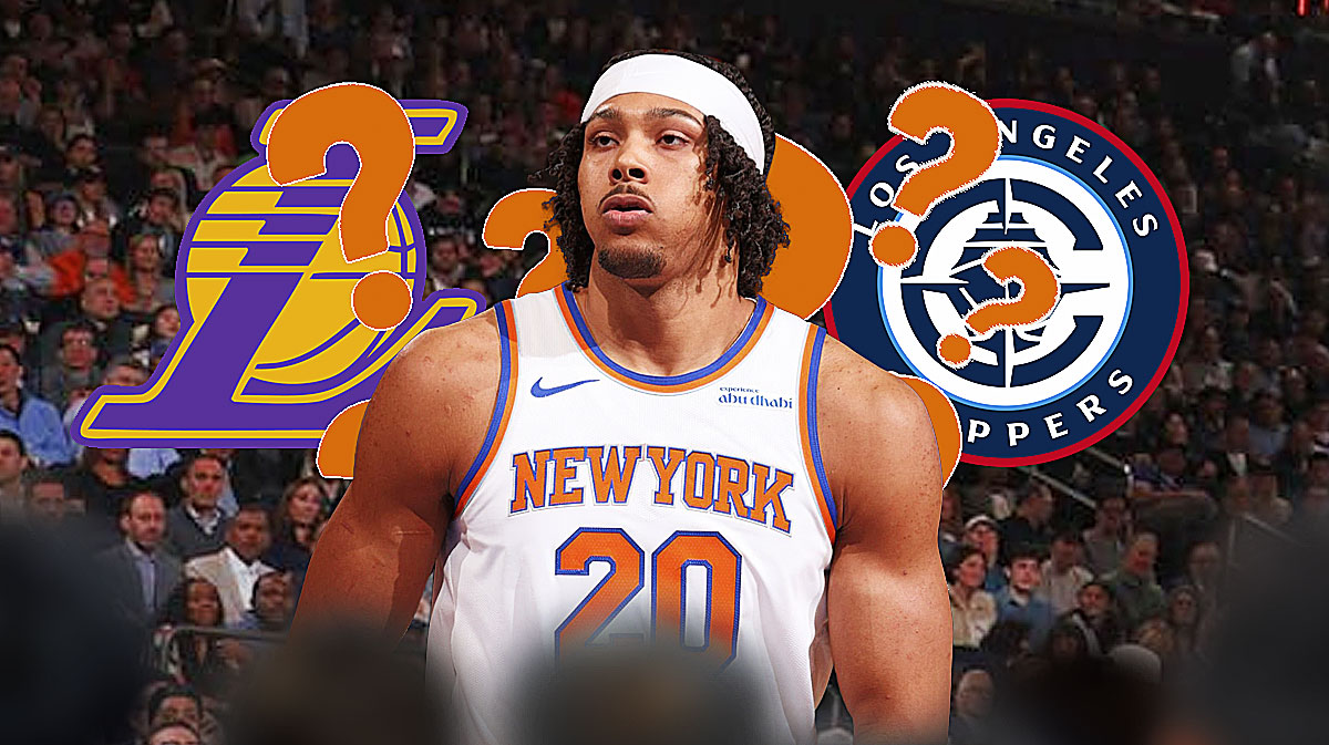 Knicks' Jericho Sims with Lakers logo on one side, Clippers logo on the other and question marks around him