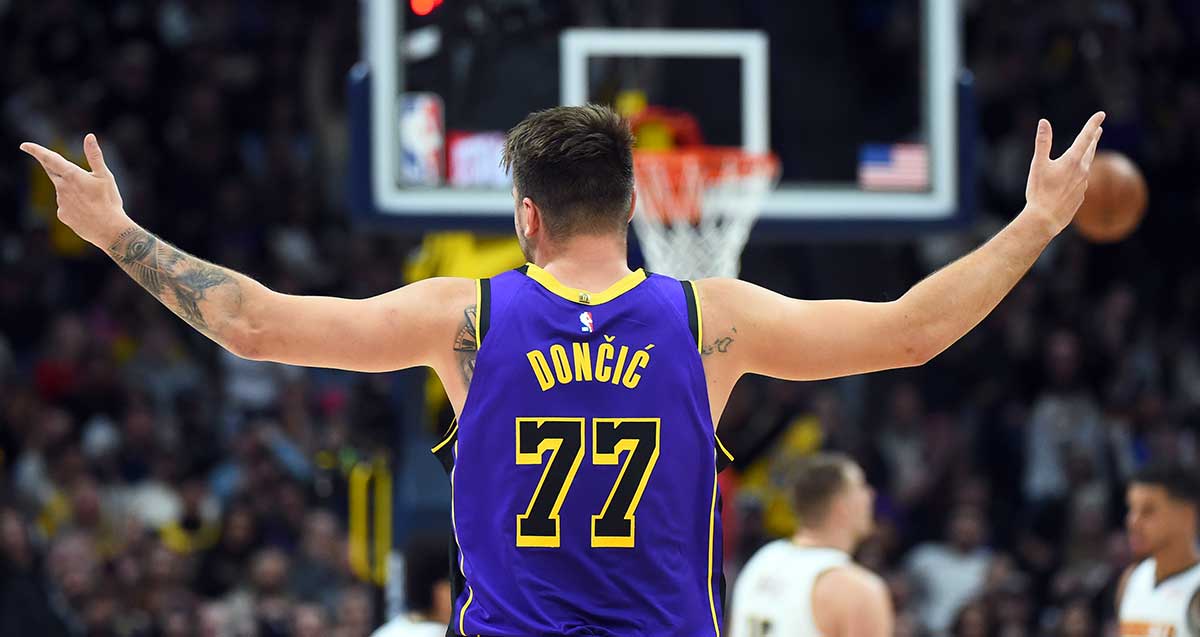 Los Angeles Lakers Guard Luka Doncic (77) celebrates after the basket during the first half against Nugget Denver at Ballley Arena. 