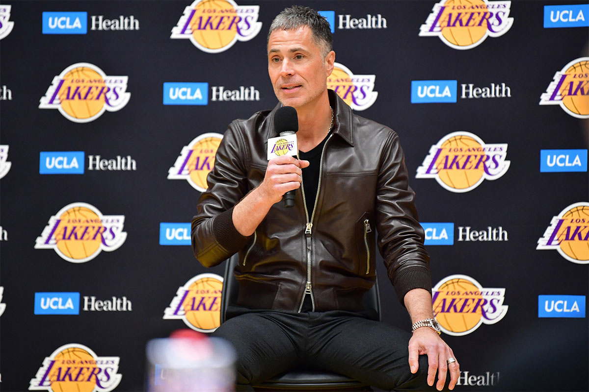 Los Angeles Lakers vice president of basketball operations and general manager Rob Pelinka speaks before introducing Luka Doncic at UCLA Health Training Center.