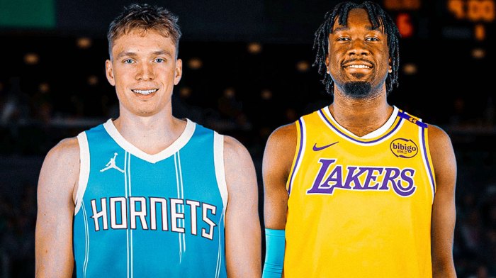 Lakers' MArk Williams with Hornets' Dalton Knecht