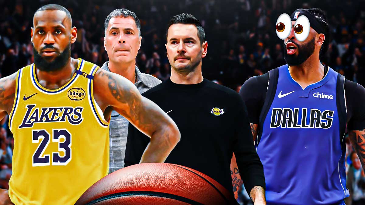 Anthony Davis in a Dallas Mavericks jersey on one side with the big eyes emoji over his face, LeBron James, JJ Redick, and Rob Pelinka on the other side
