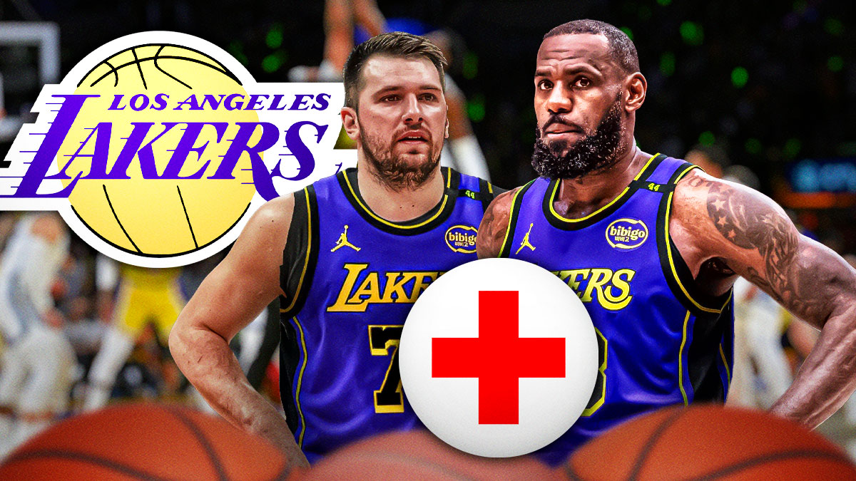 Lakers superstar LeBron James next to Lakers superstar Luka Doncic next to the Lakers logo with the health symbol in the background injury