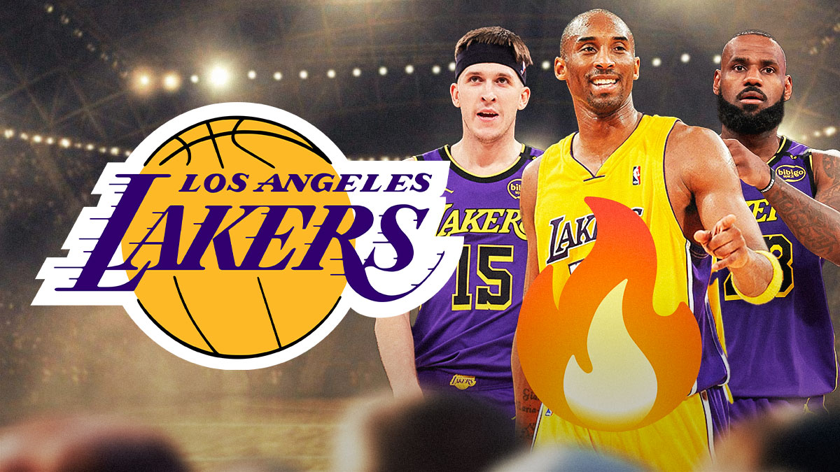 Kobe Bryant, Austin Reaves in middle, LeBron James, LA Lakers logo, fire symbols