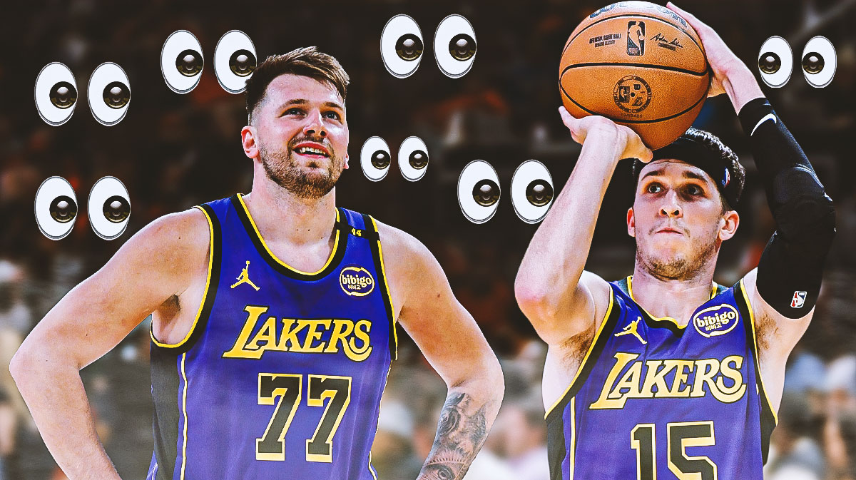 Lakers Austin Reaves shooting a basketball on left. Lakers Luka Doncic smiling on right. Eyes emoji all over image looking at Reaves and Doncic.