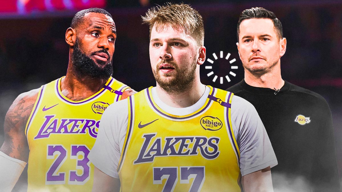 Lakers' Luka Doncic with the buffering symbol above him, with JJ Redick and LeBron James beside him