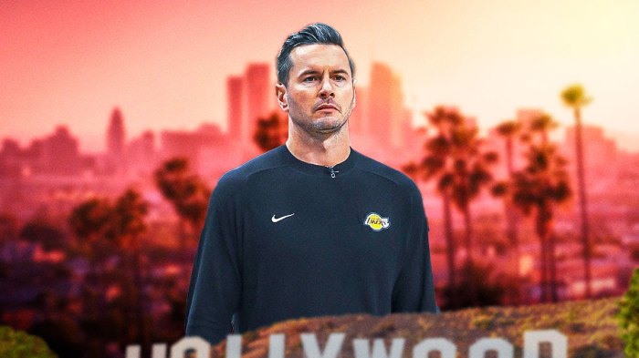 Lakers head coach JJ Redick with the Los Angeles skyline in the background