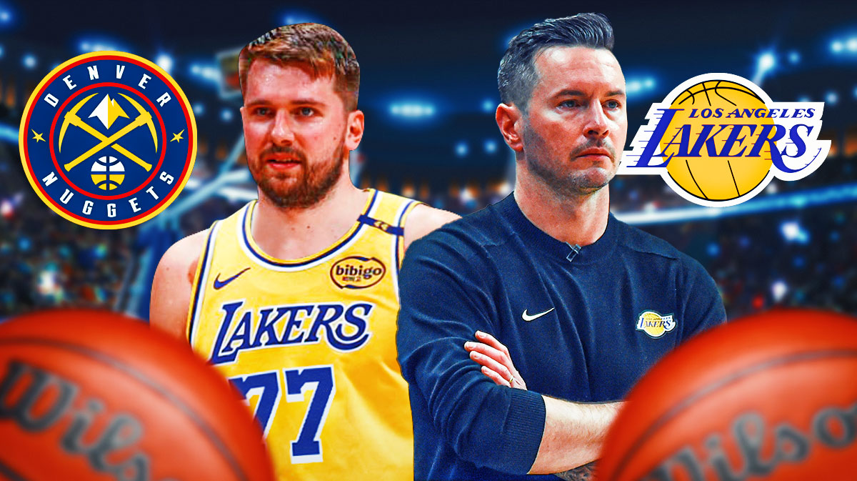 Lakers head coach JJ Redick next to Lakers superstar Luka Doncic with the Lakers and Nuggets logos in the background